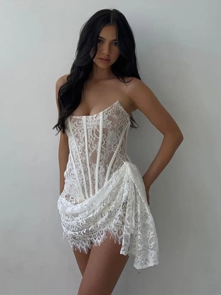 FashionSierra - Lace Strapless Ruched Off-shoulder Mini Dress Lace Dress