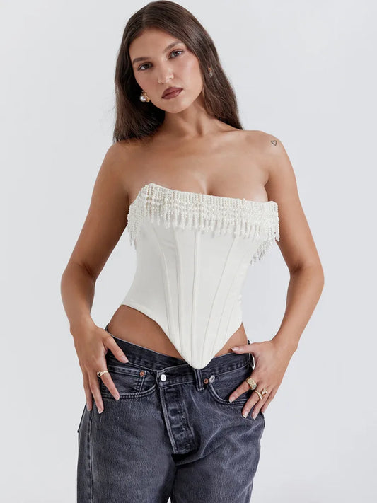 Pearl Tassel Crop Tops Women Off-shoulder Backless Fashion Tank Top