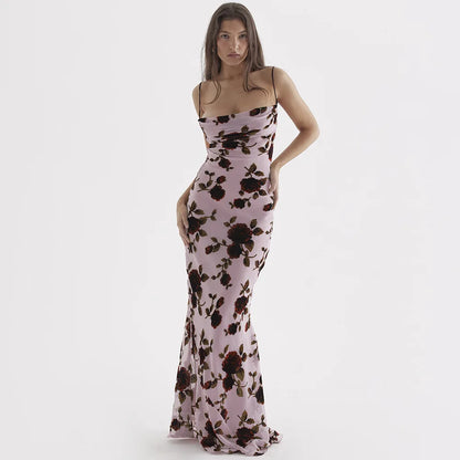 FashionSierra - Spaghetti Strap Sleeveless Backless Ruched Maxi Floral Dress