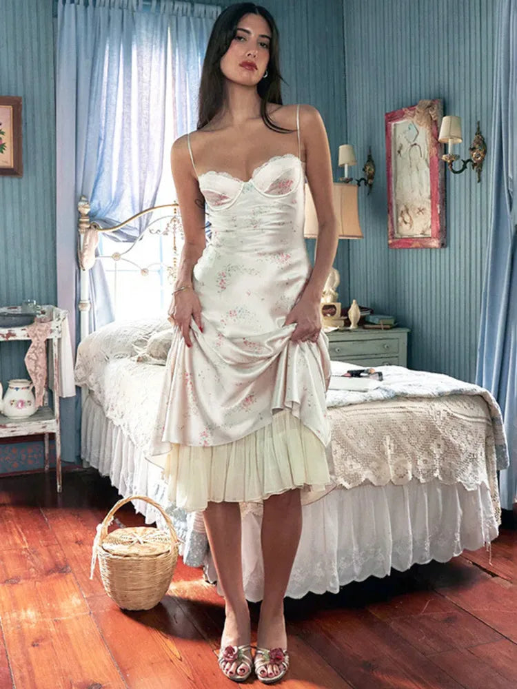 FashionSierra - Print Midi Dress Spaghetti Strap Sleeveless Backless Pleated Floral Dress