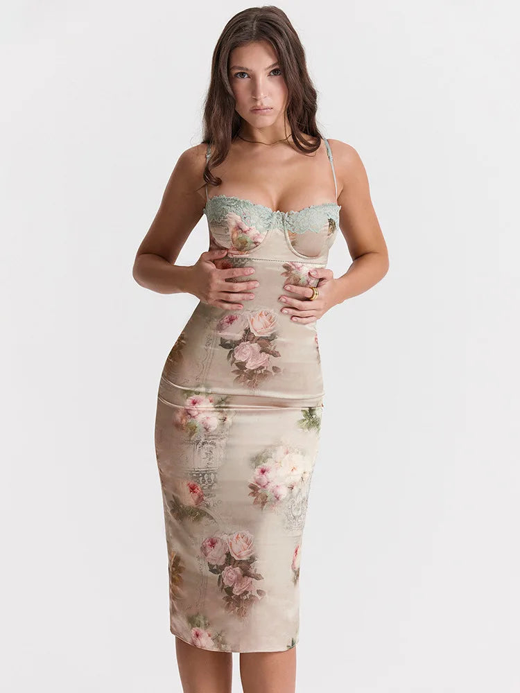 FashionSierra - Spaghetti Strap Lace Print Midi Dress Backless Club Party Floral Dress