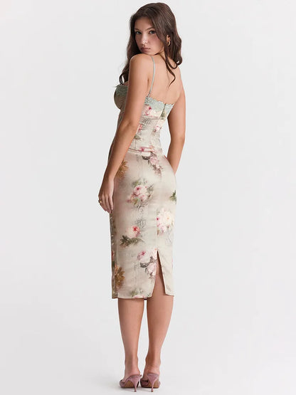 FashionSierra - Spaghetti Strap Lace Print Midi Dress Backless Club Party Floral Dress