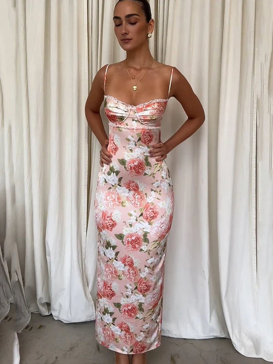 Spaghetti Strap Sleeveless Backless Bodycon Back Split Maxi Floral Dress