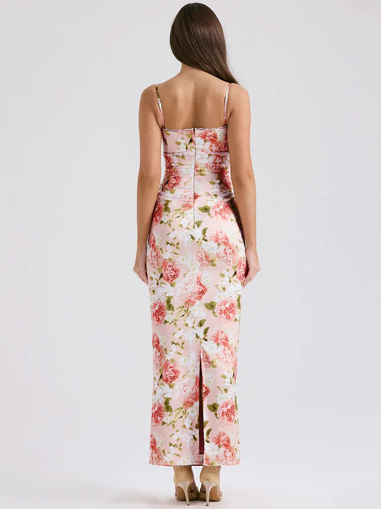 Spaghetti Strap Sleeveless Backless Bodycon Back Split Maxi Floral Dress