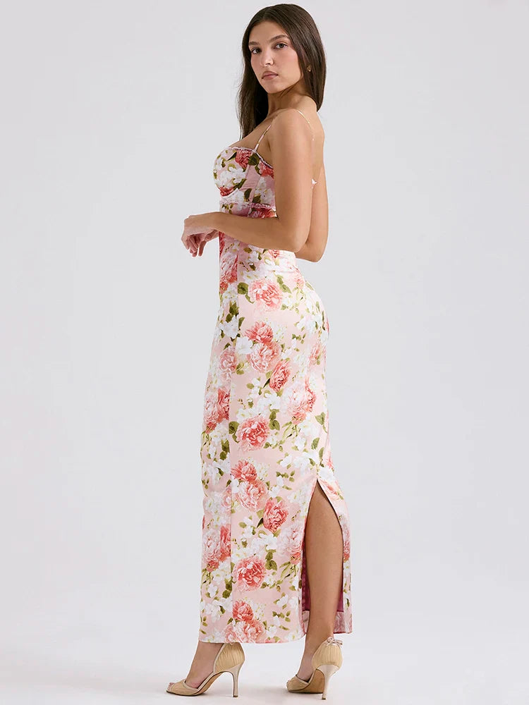 Spaghetti Strap Sleeveless Backless Bodycon Back Split Maxi Floral Dress