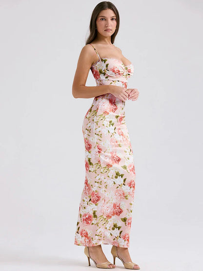 Spaghetti Strap Sleeveless Backless Bodycon Back Split Maxi Floral Dress