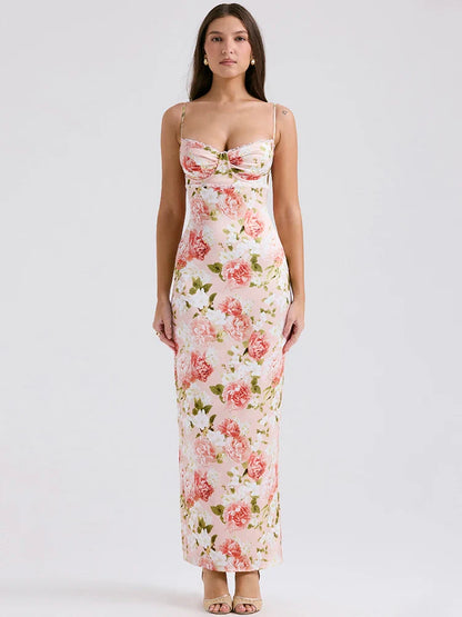 Spaghetti Strap Sleeveless Backless Bodycon Back Split Maxi Floral Dress