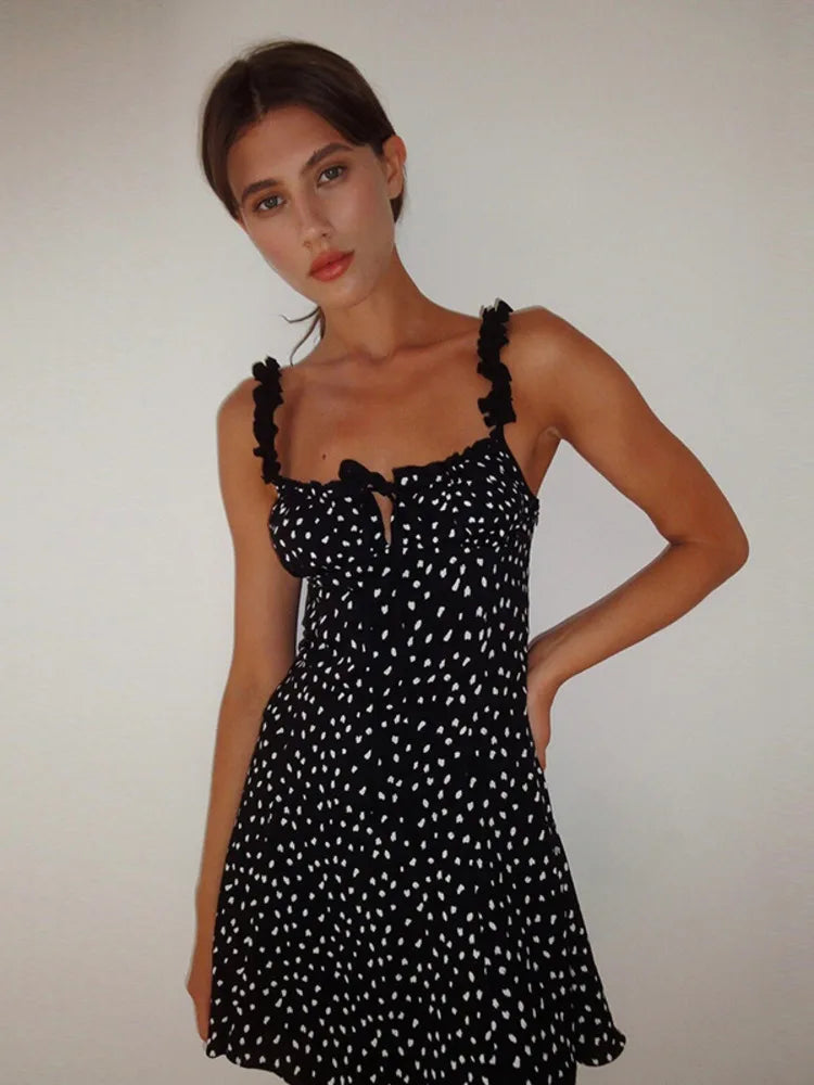 FashionSierra - Spaghetti Strap Mini Dress Square Collar Lace-up Polka Dot Floral Dress