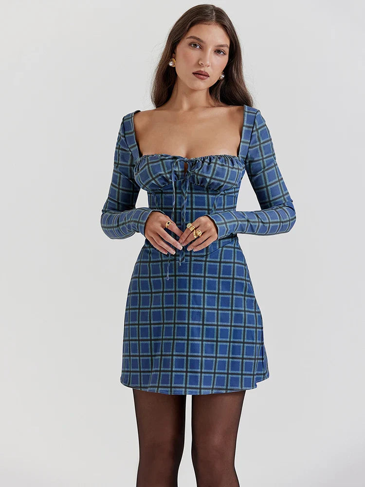 Tartan Square Collar Lace-up A-line Mini Dress Spring Floral Dress