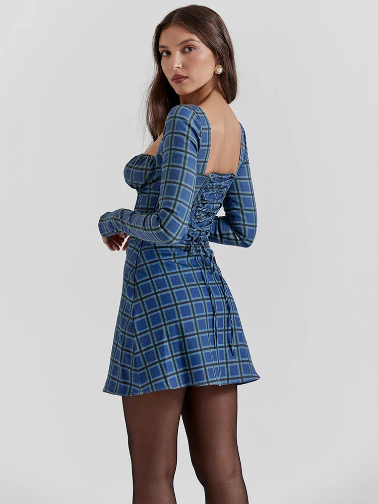 Tartan Square Collar Lace-up A-line Mini Dress Spring Floral Dress