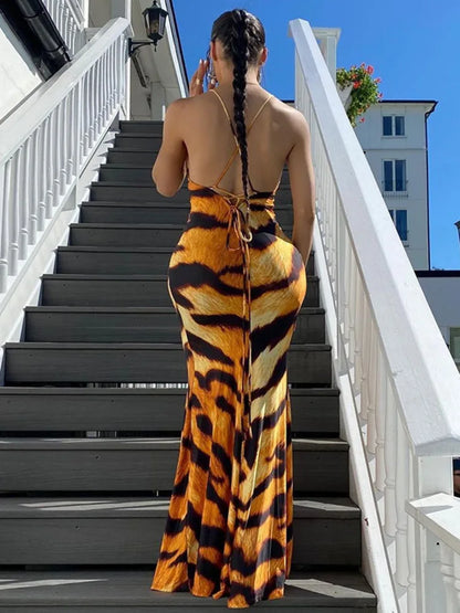 Tiger Pattern Print Maxi Dress Spaghetti Strap Sleeveless Backless Elegant Slipdress Floral Dress