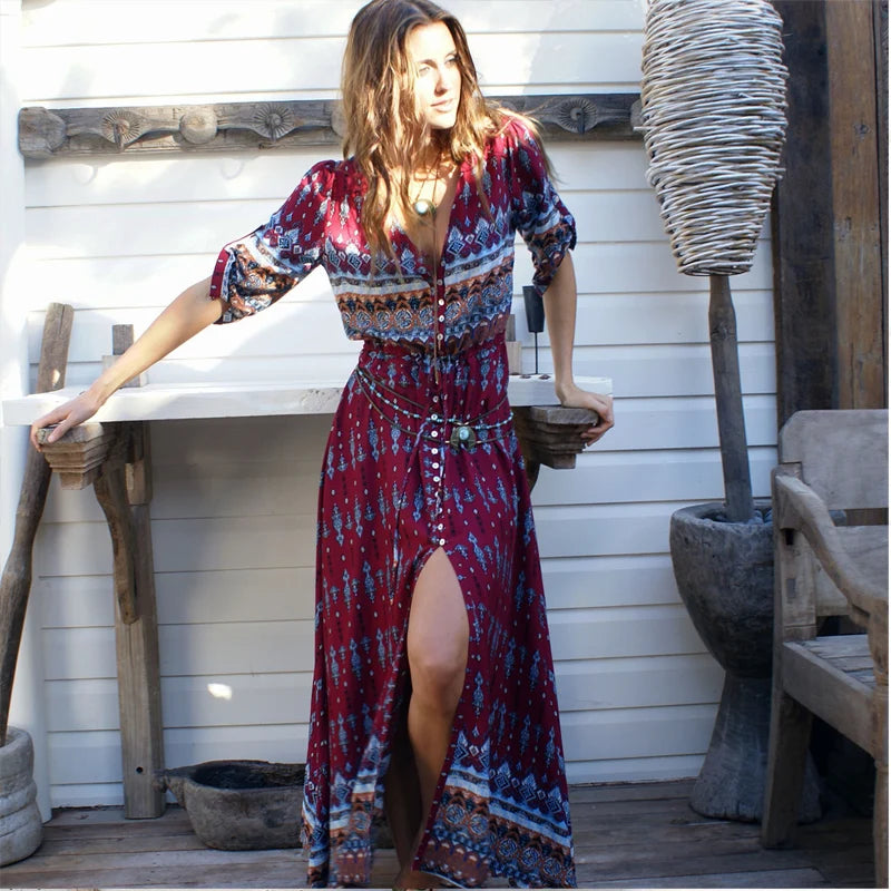 FashionSierra-New  Chic  Floral Print  Maxi  Long  V-neck  Hippie  Casual  Bohemia  XXXL Boho Dress