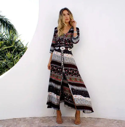 FashionSierra-New  Chic  Floral Print  Maxi  Long  V-neck  Hippie  Casual  Bohemia  XXXL Boho Dress