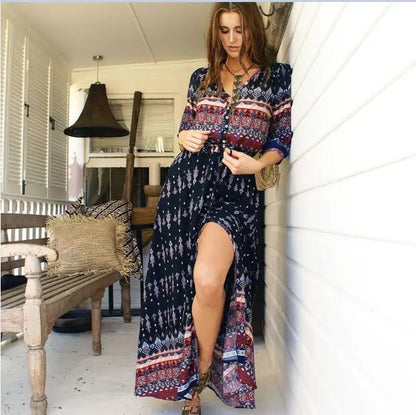 FashionSierra-New  Chic  Floral Print  Maxi  Long  V-neck  Hippie  Casual  Bohemia  XXXL Boho Dress