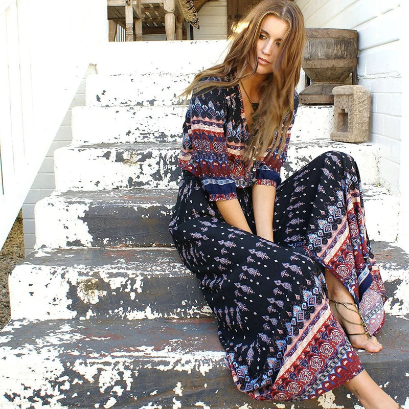 FashionSierra-New  Chic  Floral Print  Maxi  Long  V-neck  Hippie  Casual  Bohemia  XXXL Boho Dress