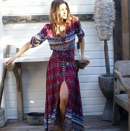 FashionSierra-New  Chic  Floral Print  Maxi  Long  V-neck  Hippie  Casual  Bohemia  XXXL Boho Dress