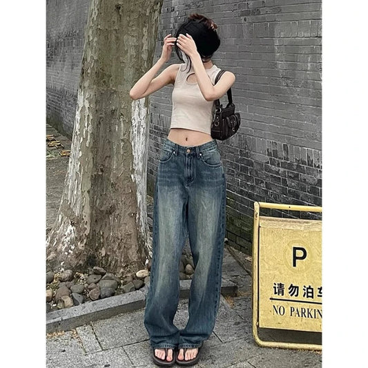 Female 2024 New Spring Cement Grey High Waist Thin Small Wide-Legged Trousers Jeans