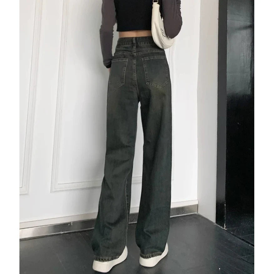 Female 2024 New Spring Cement Grey High Waist Thin Small Wide-Legged Trousers Jeans