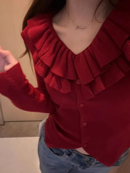 Retro U-Neck Ruffles Knitted Slim Fit Long Sleeve Cardigan Christmas Sweater Sweaters-L