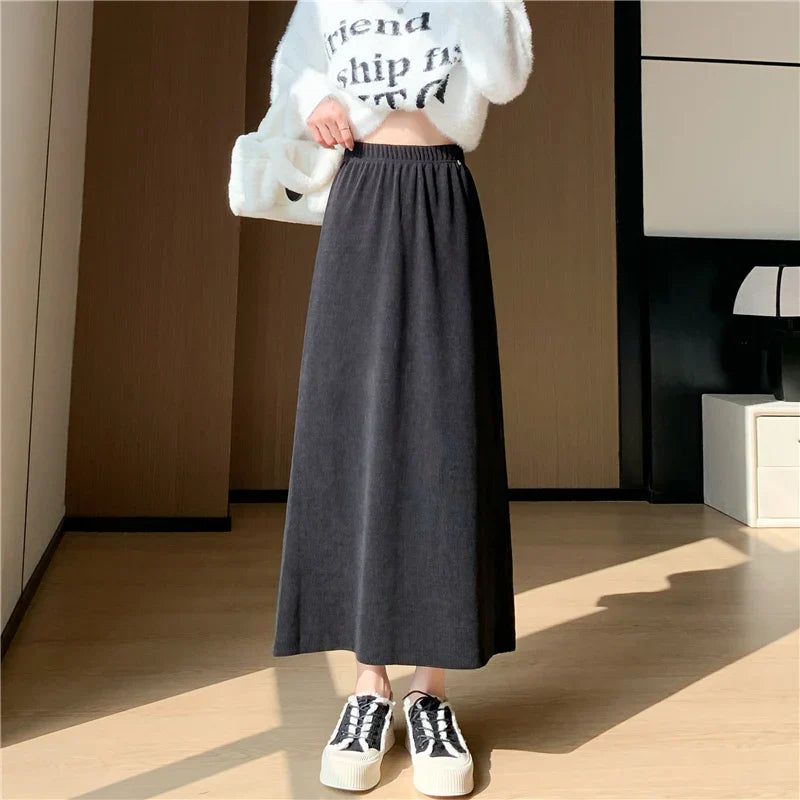 FashionSierra - New Autumn Winter Corduroy Long Womens Elastic High Waist A-line Straight Ladies Retro Casual Midi Skirt