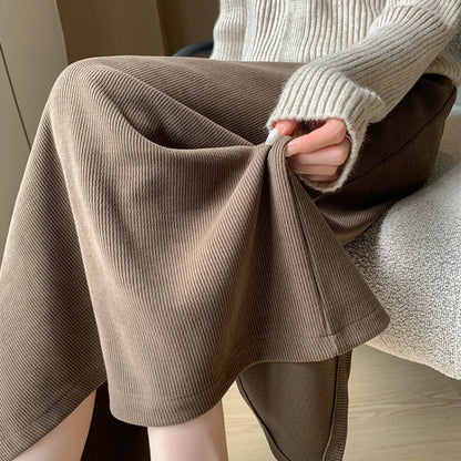 FashionSierra - New Autumn Winter Corduroy Long Womens Elastic High Waist A-line Straight Ladies Retro Casual Midi Skirt