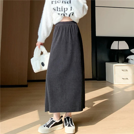 FashionSierra - New Autumn Winter Corduroy Long Womens Elastic High Waist A-line Straight Ladies Retro Casual Midi Skirt