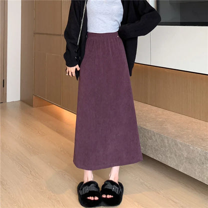 FashionSierra - New Autumn Winter Corduroy Long Womens Elastic High Waist A-line Straight Ladies Retro Casual Midi Skirt