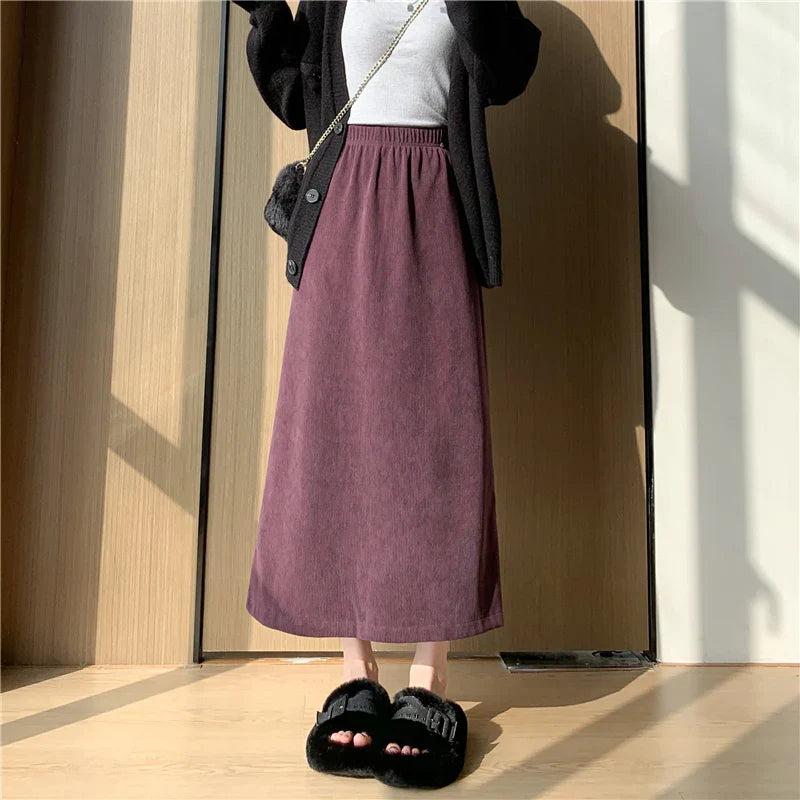 FashionSierra - New Autumn Winter Corduroy Long Womens Elastic High Waist A-line Straight Ladies Retro Casual Midi Skirt