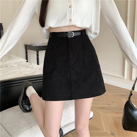 FashionSierra - New Autumn Winter Corduroy Mini Women Fashion High Waist A-line Package Hip Korean Ladies Short Skirt