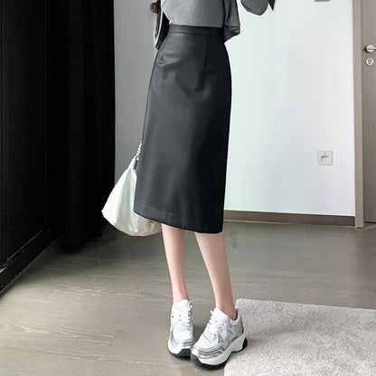 New Autumn Winter Mid-length Straight Leather Women Fashion High Waist Midi Ladies Elegant PU Package Hip Skirt