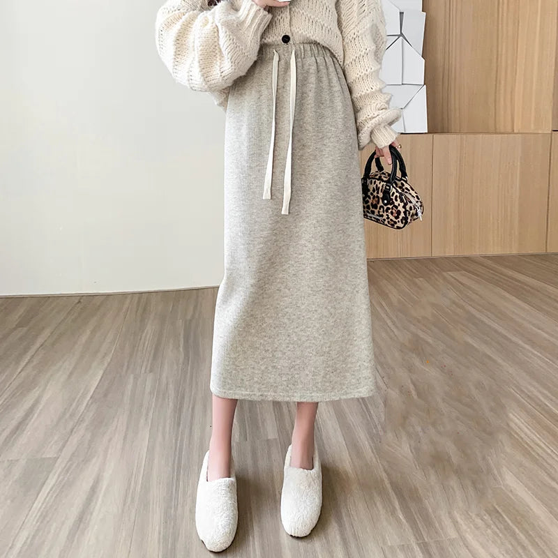 FashionSierra - New Autumn Winter Thicken Knitted Long Women Casual Elastic High Wasit A-line Midi Ladies Package Hip Skirt