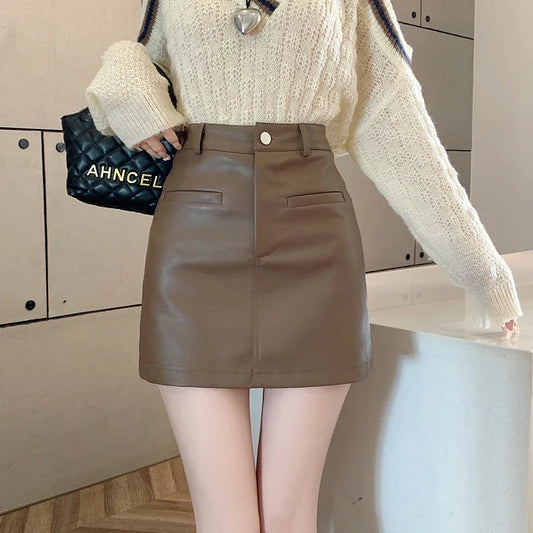 FashionSierra - New Autumn Winter Basic Solid Color High Waist A-line Mini Korean Casual PU Short Skirt