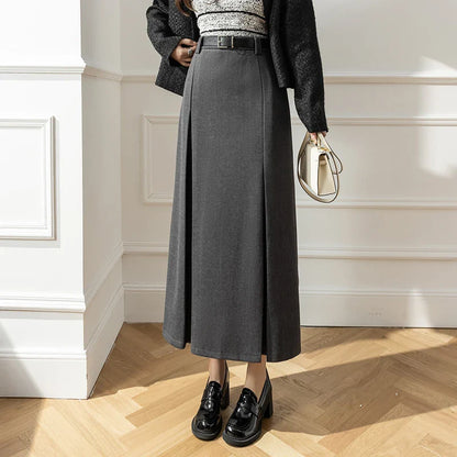 FashionSierra - New Autumn Winter Women Wool Korean Ladies Retro Woolen Suit Female Fashion High A-line Long Skirt