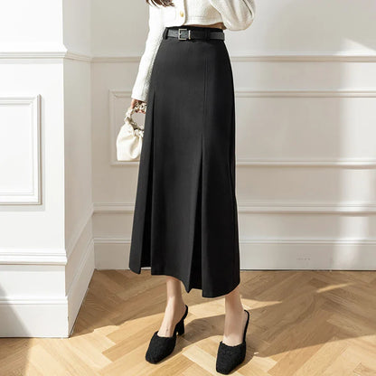 FashionSierra - New Autumn Winter Women Wool Korean Ladies Retro Woolen Suit Female Fashion High A-line Long Skirt