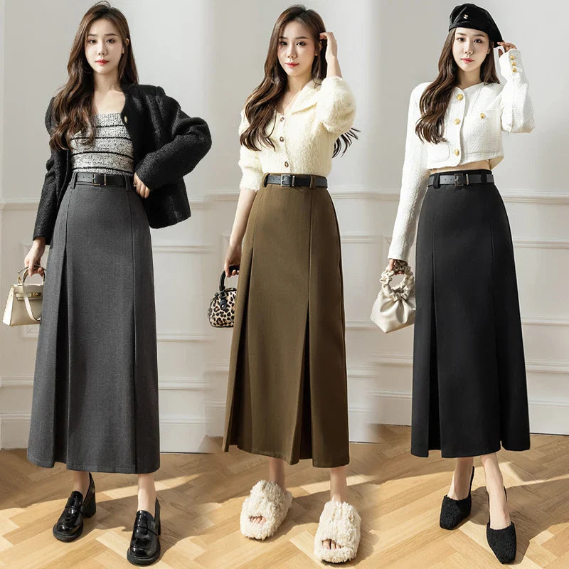 FashionSierra - New Autumn Winter Women Wool Korean Ladies Retro Woolen Suit Female Fashion High A-line Long Skirt