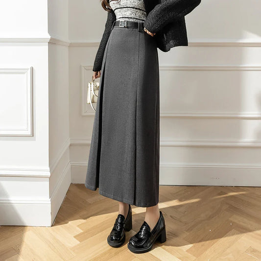 FashionSierra - New Autumn Winter Women Wool Korean Ladies Retro Woolen Suit Female Fashion High A-line Long Skirt