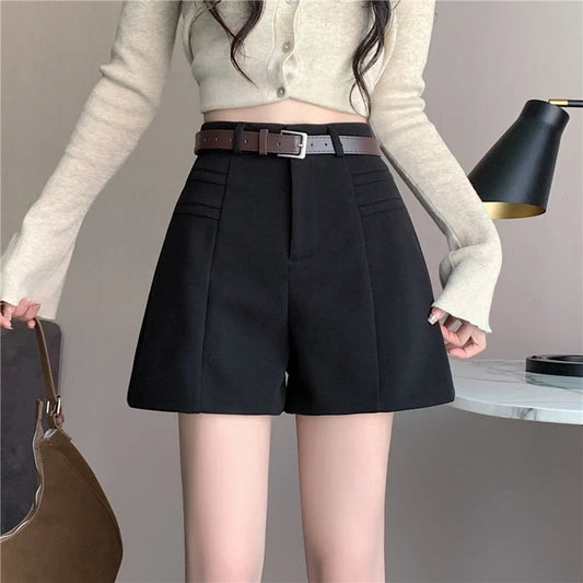 FashionSierra - Autumn Winter Woolen High Waist A-line Casual Wide-leg Belted Shorts