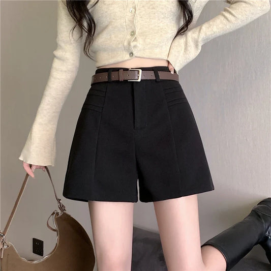 FashionSierra - Autumn Winter Woolen High Waist A-line Casual Wide-leg Belted Shorts