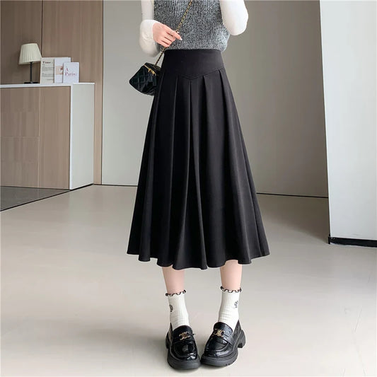 New Autumn Winter Woolen Womens Korean Ladies Fashion High Waist Wool Pleated Female A-line Long Skirt