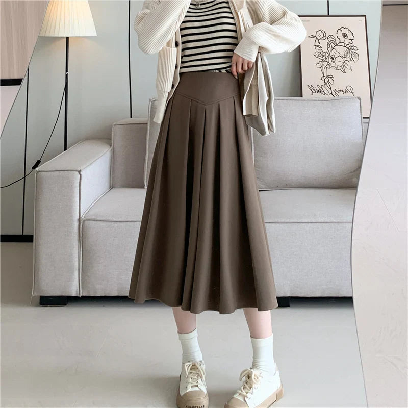 New Autumn Winter Woolen Womens Korean Ladies Fashion High Waist Wool Pleated Female A-line Long Skirt