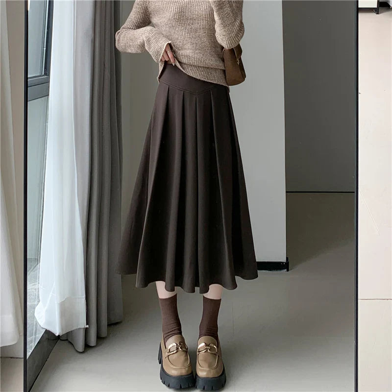 New Autumn Winter Woolen Womens Korean Ladies Fashion High Waist Wool Pleated Female A-line Long Skirt