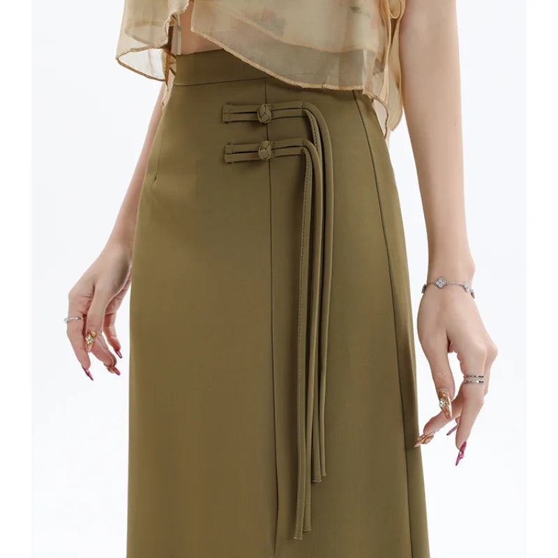 FashionSierra - New Chinese Style Front Slit Midi Women 2024 Spring Summer High Waist Straight Ladies Buttons Long Skirt