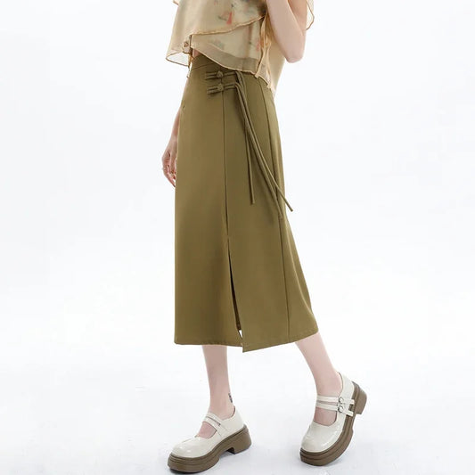 FashionSierra - New Chinese Style Front Slit Midi Women 2024 Spring Summer High Waist Straight Ladies Buttons Long Skirt