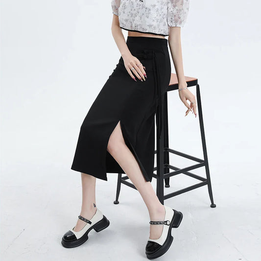 FashionSierra - New Chinese Style Front Slit Midi Women 2024 Spring Summer High Waist Straight Ladies Buttons Long Skirt