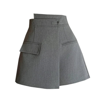 FashionSierra - New Chinese Style Gray Spring Summer A-line Culottes High Waist Shorts Women 2024 Shorts