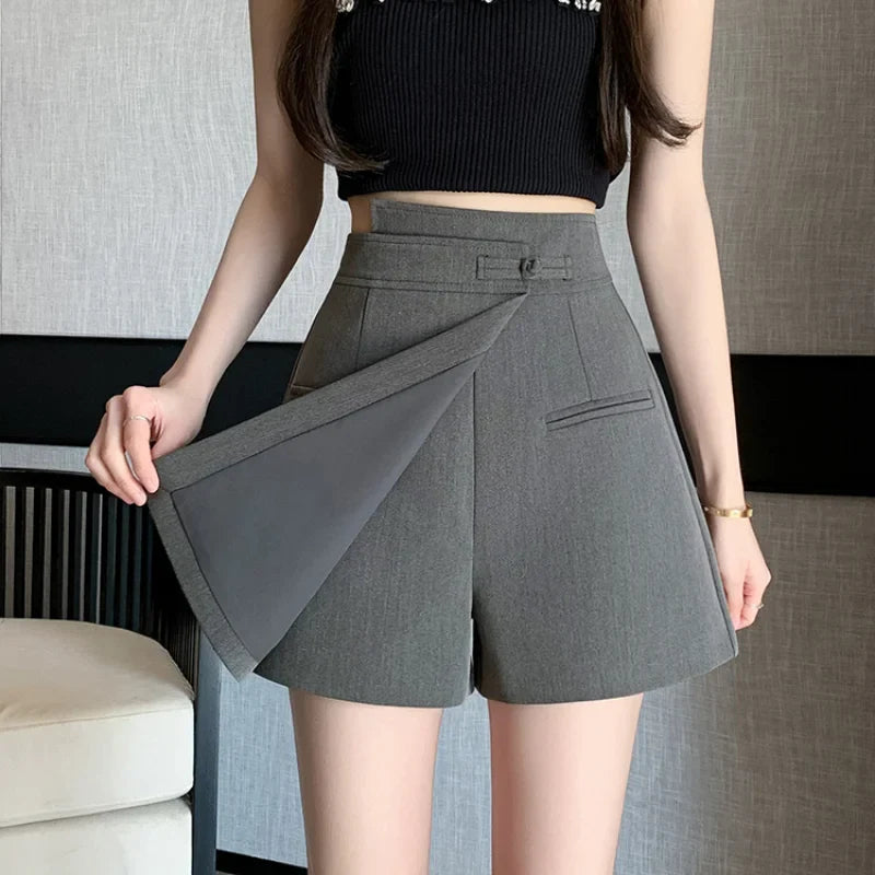 FashionSierra - New Chinese Style Gray Spring Summer A-line Culottes High Waist Shorts Women 2024 Shorts