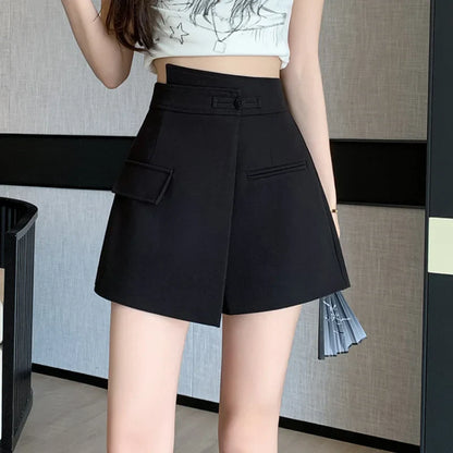 FashionSierra - New Chinese Style Gray Spring Summer A-line Culottes High Waist Shorts Women 2024 Shorts