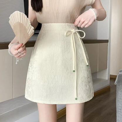 FashionSierra - New Chinese Style Lace-up High Waist Mini Women Spring Summer Fashion Printed Short Ladies A-line Skirt