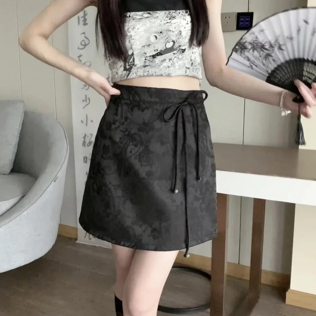 FashionSierra - New Chinese Style Lace-up High Waist Mini Women Spring Summer Fashion Printed Short Ladies A-line Skirt