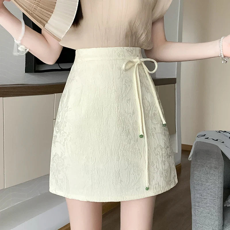 FashionSierra - New Chinese Style Lace-up High Waist Mini Women Spring Summer Fashion Printed Short Ladies A-line Skirt